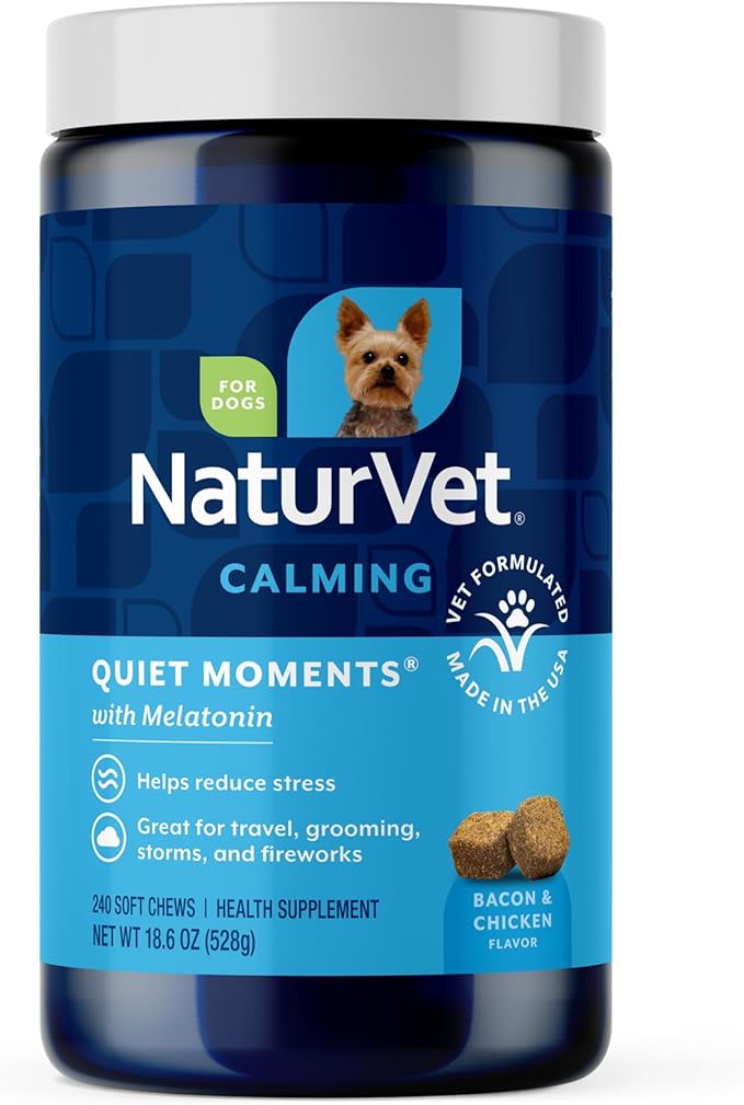 NaturVet Quiet Moments Calming Dog Supplement, Dog Soft Chews with Melatonin to Help Reduce Stress from Storms, the Vet, Fireworks, and Travel, Bacon and Chicken Flavored Pet Supplement, 240 Count Jar