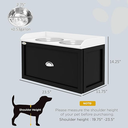 PawHut Dog Feeding Station with Storage Drawer, Elevated Dog Bowls for Large Dogs, White and Black