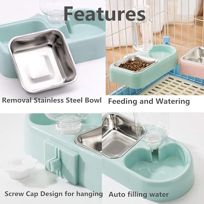 Cage Dual Bowl, Crate Hanging Double Dog Cat Bowls, Pet Water and Food Bowl Set with Automatic Water Dispenser Bottle Detachable Stainless Steel Bowl Cage Dish Holder for Bird Rabbit Dog Cat, Blue