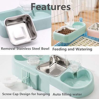 Cage Dual Bowl, Crate Hanging Double Dog Cat Bowls, Pet Water and Food Bowl Set with Automatic Water Dispenser Bottle Detachable Stainless Steel Bowl Cage Dish Holder for Bird Rabbit Dog Cat, Blue