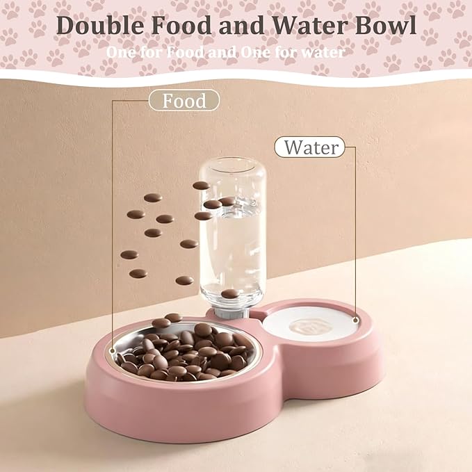 Double Dog Cat Bowls, Pets Food and Water Bowl Set with Automatic Water Dispenser and Stainless Steel Bowl Silicone Dog Bowl Mat, Gravity Feeder for Cats and Small Dogs Puppies (Pink)