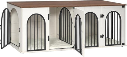 Hzuaneri 71" Dog Crate Furniture for 2 Dogs, Heavy Duty Indoor Dog Kennel TV Stand, XL Wooden Dog Cage with Divider for Medium Large Dogs, End Table Dog Crate with Cushion, White Brown DFC81914B