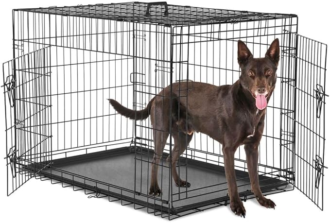 Dog Crate Kennel, 36 Inch Metal Pet Cage Double Door W/Divider Panel, Folding Travel Indoor Outdoor Dog Kennel Leak-Proof Plastic Tray Wire Animal Cage