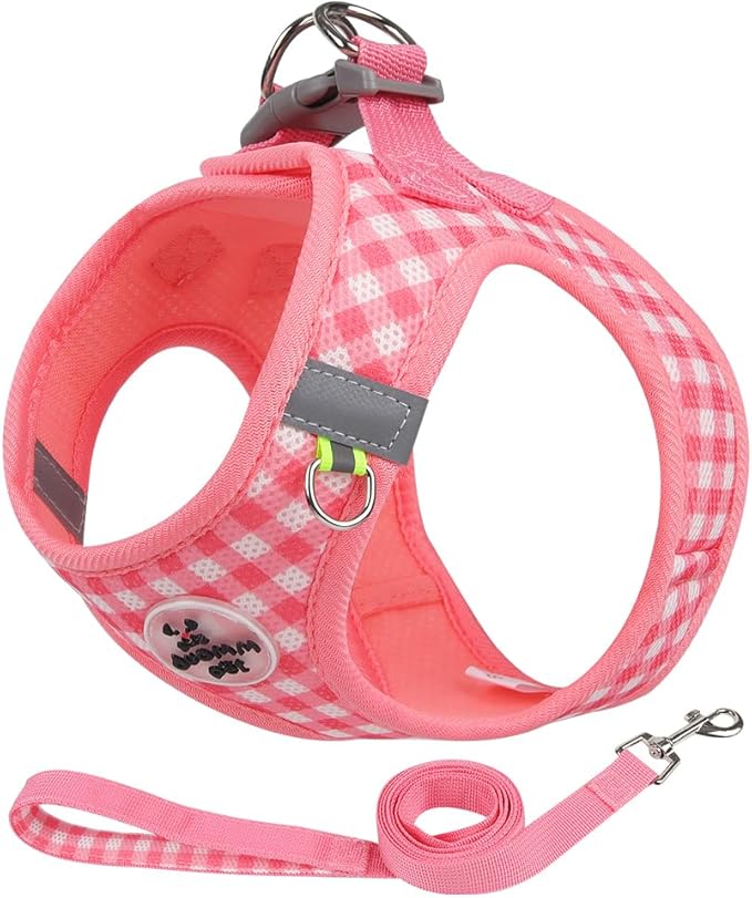 Small Dog Harness and Leash Set, Step in No Pull Adjustable Reflective Pet Harness, Soft Mesh Plaid Vest Harnesses for Small Dogs & Cats Easy Walk Outdoor Hiking Running, Watermelon XS
