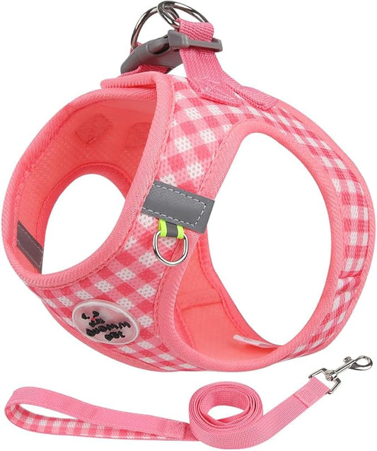 Small Dog Harness and Leash Set, Step in No Pull Adjustable Reflective Pet Harness, Soft Mesh Plaid Vest Harnesses for Small Dogs & Cats Easy Walk Outdoor Hiking Running, Watermelon XS