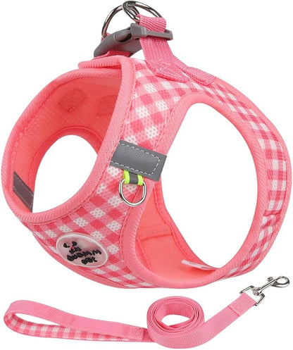 Soft Mesh Dog Harness and Leash Set, Step-in Escape Proof Vest Harnesses, Reflective Breathable Pet Harness Adjustable Plaid Pet Outdoor Harnesses for Small and Medium Dogs, Watermelon M