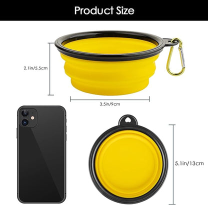 3 Collapsible Silicone Dog Bowl, Foldable Expandable Cup Dish for Small Pet Cat Food Water Feeding Portable Travel Bowl, Free Pet ID-Tag, Yellow Blue Black, S