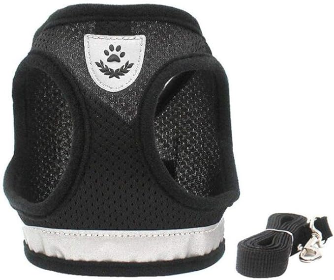 FEimaX Dog Harness and Leash Set for Walking, Soft Mesh Adjustable Easy Control Lightweight Cat Vest Harnesses with Reflective Strips, Escape Proof Small Dogs Cats Vests (Black, Medium)