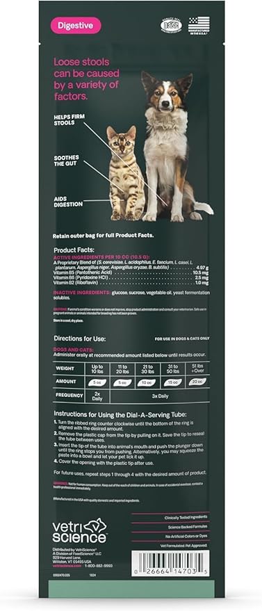VetriScience Quick Action Diarrhea Aid Paste with Probiotics & B Vitamins, Fast Balance Digestive Support Supplement for Dogs and Cats, Gut Balancer, Unflavored, 35 cc