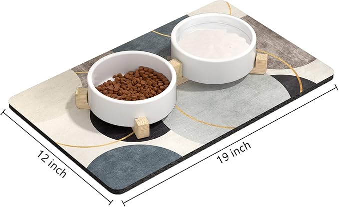 Rnivvi Dog Food Mat, 12" x 19" Boho Absorbent Dog Cat Bowl Mat for Food and Water, 3MM Anti-Slip Rubber Pet Feeding Rug Protect Floors, Puppy Placemat for Feeding & Watering Supplies, Abstract Circle