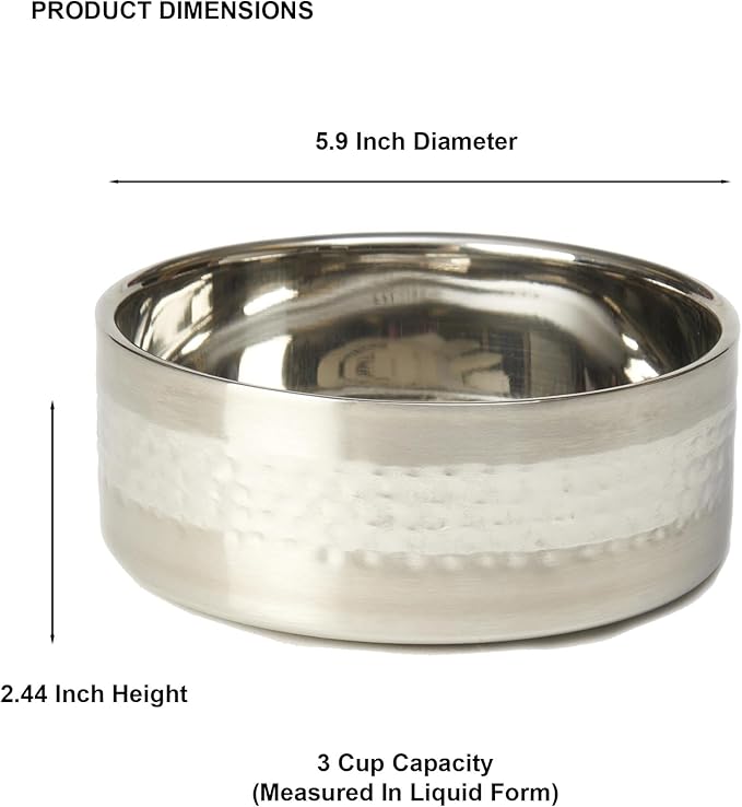 PetRageous 18435 Sanibel Stainless-Steel Hammered Double Walled Dog Bowl 5.9-Inch Width and 2.44-Inch Height 3-Cups Capacity, Metallic