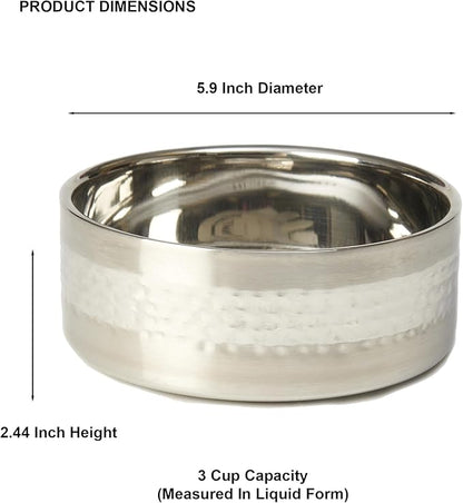 PetRageous 18435 Sanibel Stainless-Steel Hammered Double Walled Dog Bowl 5.9-Inch Width and 2.44-Inch Height 3-Cups Capacity, Metallic