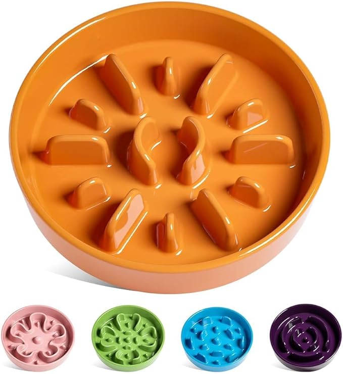 LE TAUCI Slow Feeder Dog Bowls Ceramic,3 Cups Slow Feeding Dog Bowl Medium Large Breed, Pet Bowl for Fast Eaters, Puzzle Pet Dishes,Sun Orange
