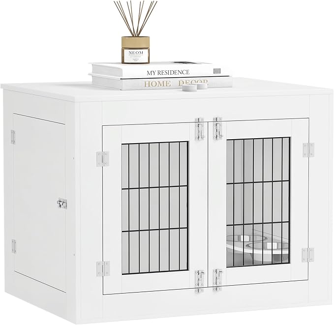 PawHut Dog Crate Furniture w/ 360° Rotatable Removable Dog Bowls, Dog Kennel Furniture w/Two Doors, Non-Slip Foot Pads, Furniture Dog Crate End Side Table for Medium Dogs, 31.5" x 24" x 25", White