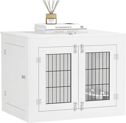 PawHut Dog Crate Furniture w/ 360° Rotatable Removable Dog Bowls, Dog Kennel Furniture w/Two Doors, Non-Slip Foot Pads, Furniture Dog Crate End Side Table for Medium Dogs, 31.5" x 24" x 25", White