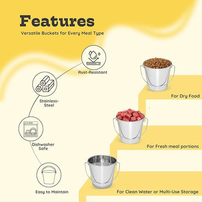 1 Quart Heavy Duty Stainless Steel Round Bucket with Handle | Fits kennel Cage Critter Crates Farm | Food & Water Pail for Small Pets Birds Dog Cat | Livestock Multipurpose use, Pack of 2