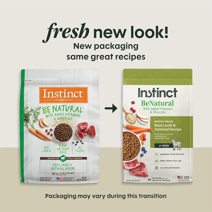 Instinct Be Natural, Natural Dry Dog Food, Raw Coated Kibble - Real Lamb & Oatmeal, 24 lb. Bag
