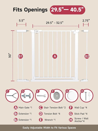 29.5-40.5" Baby Gate for Stairs, Dog Gate for Doorways, Walk Thru Auto Close Metal Baby Safety Gate for The House, Stairs and Doorways, Child Gate Pressure Mounted, Pet Gate for Dog Indoor - White