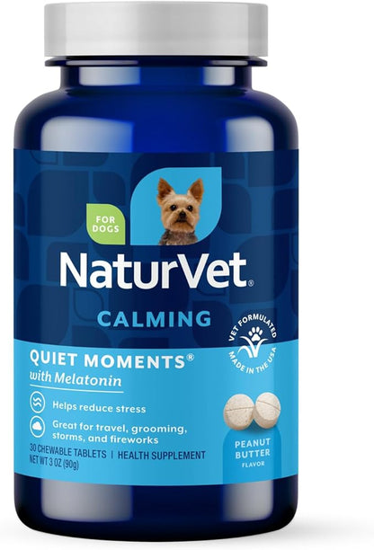NaturVet Quiet Moments Calming Aid Melatonin Dog Supplement - Helps Reduce Stress in Dogs - for Pet Storm Anxiety, Motion Sickness, Grooming, Separation, Travel - 30 Ct. Tablets