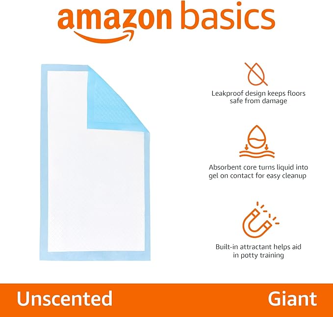 Amazon Basics Leak-Proof Dog and Puppy Potty Training Pee Pads with Quick-Dry 5-Layer Surface, Standard Absorbency, Giant Size, 27.5 x 44 Inch, Blue & White, 40-Pack