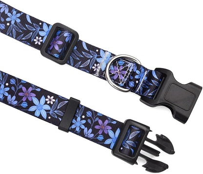 Mihqy Dog Collar and Leash Set with Bohemia Floral Tribal Geometric Patterns - Soft Ethnic Style Collar Adjustable for Small Medium Large Dogs(Blue Floral Set,S)