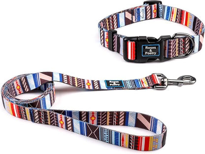 Roses&Poetry Dog Collar and Leash for Small,Adjustable Durable Blue 5ft Puppy Leash Collar for Dog Training Lead（Stripe-M）