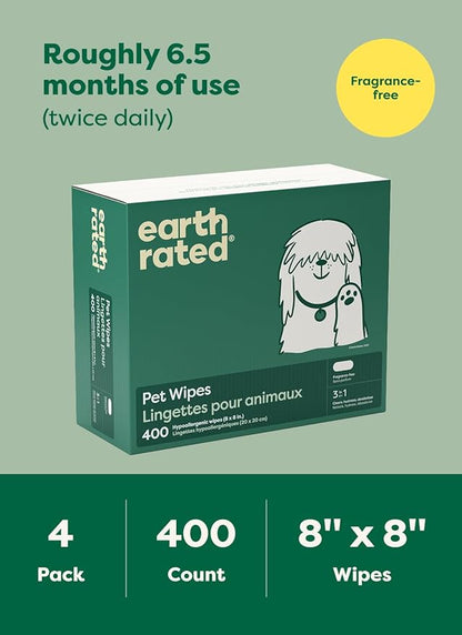Earth Rated Pet Wipes for Dogs and Cats, Hypoallergenic, Cleaning and Hydrating, for Grooming Paws, Body and Butt, Unscented, 400 Count