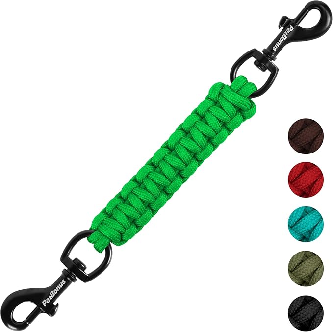 PetBonus Dog Collar Safety Clip, Handmade Backup Safety Strap for Dog Harness, Prong, Pinch Collar, Double Ended Clasp Leash Connector (Green)