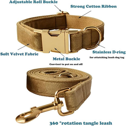 Love Dream Velvet Dog Collar and Leash Set, Soft & Comfy Adjustable Dog Leash and Collar with Heavy Duty Metal Buckle for Small Medium Large Dogs Training & Walking (Small, Khaki)