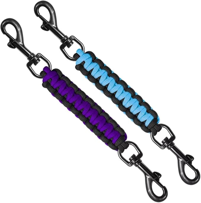 Dog Collar Safety Clip, Collar Companion, Handmade Backup Safety Strap, Double-Ended Clip Leash Connector, Suitable for Dog Harnesses, Prong, Pinch Collars (Black Purple + Black Blue, 2 Pack)