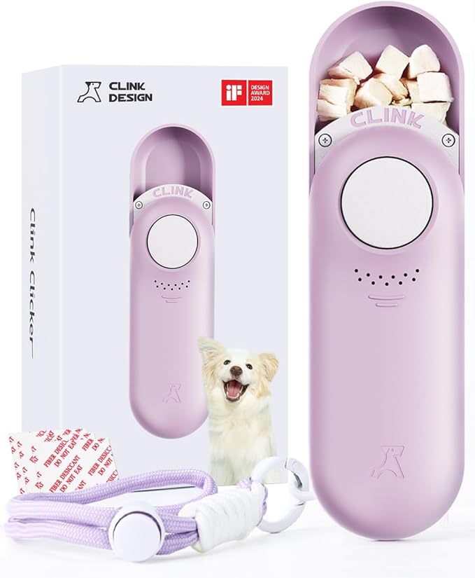 Clink Design Dog Training Clicker and Clicker Dog Trainer with Built in Treat Storage, Compact Dog Clicker for Puppy Training or Cat Clicker, 2.36 oz, Purple