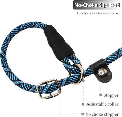 50FT Long Slip Lead Leash, 12ft 20ft 30ft Reflective Rope Training Lead Anti-Choking for Medium Dogs Small Puppy Pets Outdoor- Backyard- Playing- Recall- Traning (Blue)