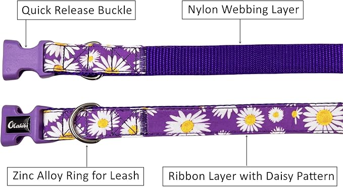 Dog Collar Leash Set, Floral Pattern, Nylon Webbing Plus Cotton Ribbon, 5ft Matching Leash, for Medium Dogs.(M, Purple Daisy)