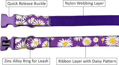 Dog Collar Leash Set, Floral Pattern, Nylon Webbing Plus Cotton Ribbon, 5ft Matching Leash, for Medium Dogs.(M, Purple Daisy)
