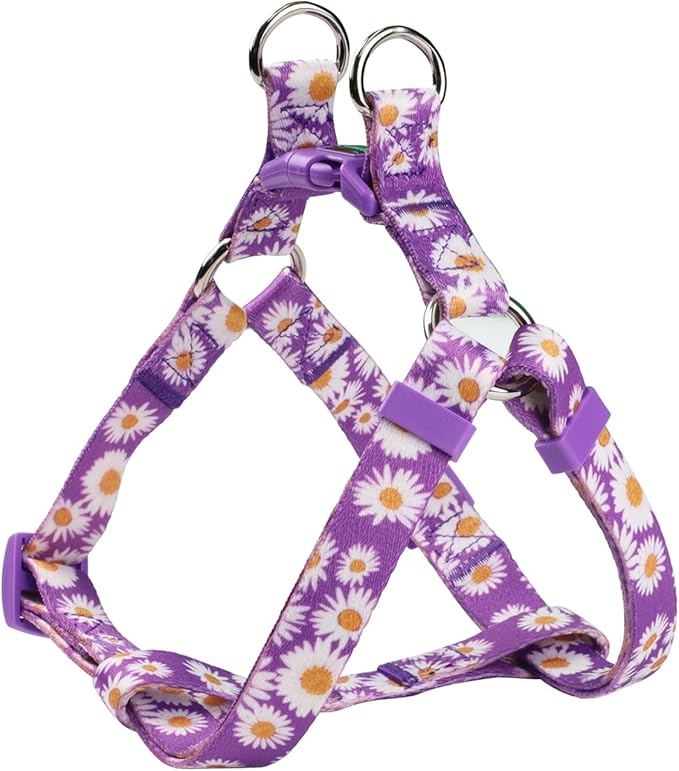 Harness and Leash Set, Floral Pattern, 5ft Matching Leash, No Pull, Easy Wear for Small Dogs.(S, Purple Daisy)