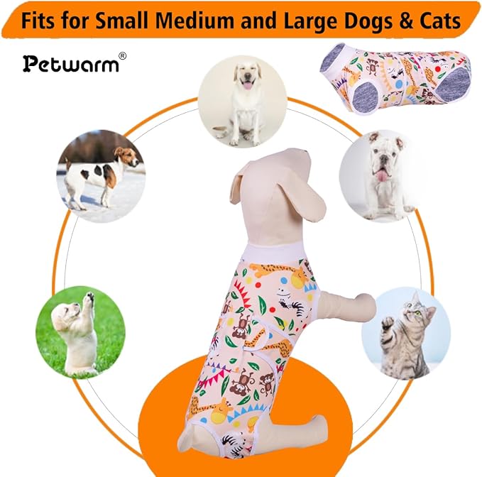 PetWarm Dog Surgical Recovery Suit Female, Substitute E-Collar Cone Prevent Licking Onesies for Dogs, Dog Surgery Recovery Suit, Female Male Onesie for Dogs Spay Neuter, Zoo Pattern, Yellow, L