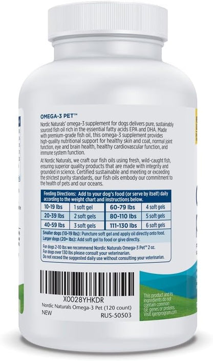 Nordic Naturals Omega-3 Pet, Unflavored - 180 Soft Gels - 320 mg Omega-3 Per Soft Gel - Fish Oil for Dogs with EPA & DHA - Promotes Heart, Skin, Coat, & Immune Health