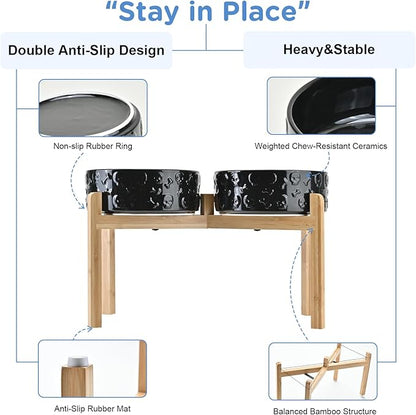 SPUNKYJUNKY Elevated Dog Bowls Ceramic, 8.3'' Dogs Food Water Bowls Raised with Non-Slip Bamboo Stand for Large Sized Breed Microwave Dishwasher Safe - 60 OZ,Skull Black