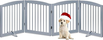 PUPETPO Freestanding Pet Gate for Dogs, Foldable Wooden Dog Gate for House, Indoor Dog Gate for Stair, Doorway, Gates for Dogs Indoor, 80 Inch Wide, 4 Panels 24", Grey