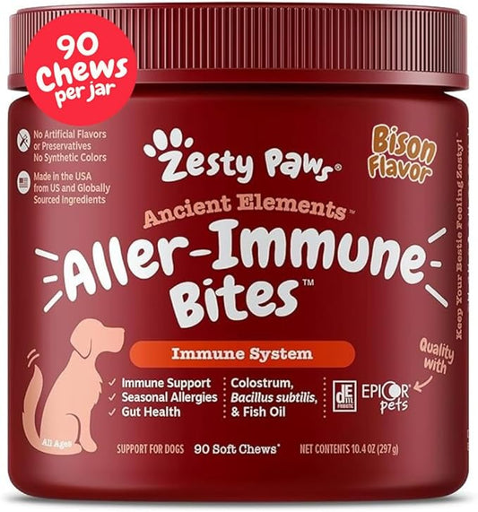 Zesty Paws Ancient Elements Allergy Immune Bites - Dog Allergy Chews, Dog Probiotics for Itchy Skin and Ears, Bison, 90ct