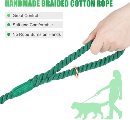 Dog Leash 6 FT Handmade Braided Cotton Rope Leashes for Small Medium and Large Dogs, New Golden Heavy Duty Metal Clasp, Dark Green