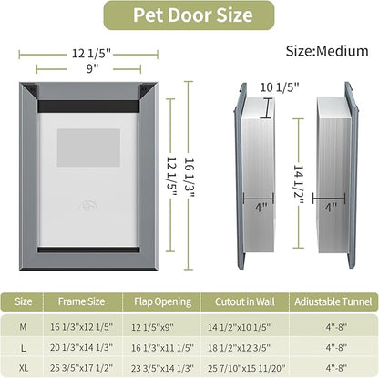 FreeStanding Doggy Door for Wall, Doggie Door with Aluminum Frame, Telescoping Tunnel, Magnetic Flap Design and Two Sliding Lock Panels,Medium,Gray.