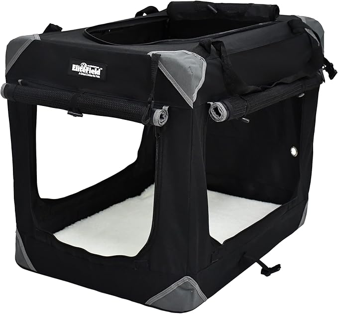 EliteField 4-Door Folding Soft Dog Crate with Curtains, Carrying Bag and Fleece Bed (2 Year Warranty), Indoor & Outdoor Pet Home (20" L x 14" W x 14" H, Black+4 Door Curtains)