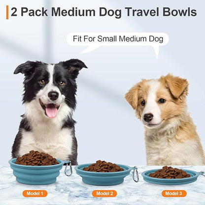 Kytely Collapsible Dog Bowls Medium, 2Pack Foldable Dog Travel Bowl, Portable Pet Water Food Bowl with Clasp, Pet Cat Feeding Cup Dish for Traveling, Walking, Hiking (Blue+Grey)