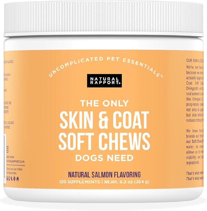 Natural Rapport Dog Skin and Coat Supplement - The Only Skin and Coat Soft Chews Dogs Need - 120ct Treats that Contain Salmon Oil and Omegas 3, 6, & 9
