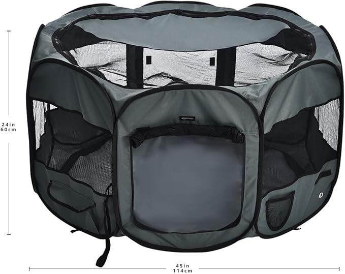 AmazonBasics Foldable Octagonal Indoor/Outdoor Portable Soft Pet Dog Playpen with Storage Pockets, Large (45 x 45 x 24 inches), Grey