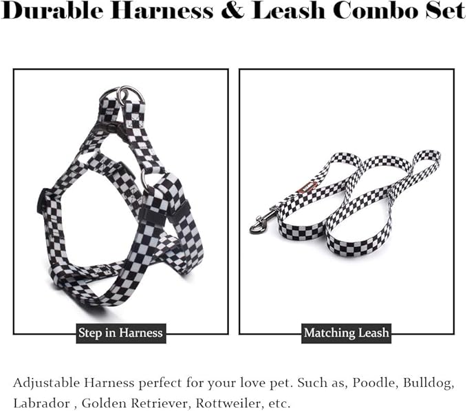 QQPETS Dog Harness Leash Set Adjustable Heavy Duty No Pull Halter Harnesses for Small Medium Large Breed Dogs Back Clip Anti-Twist Perfect for Walking (M(19"-26" Chest Girth), Black Plaid)
