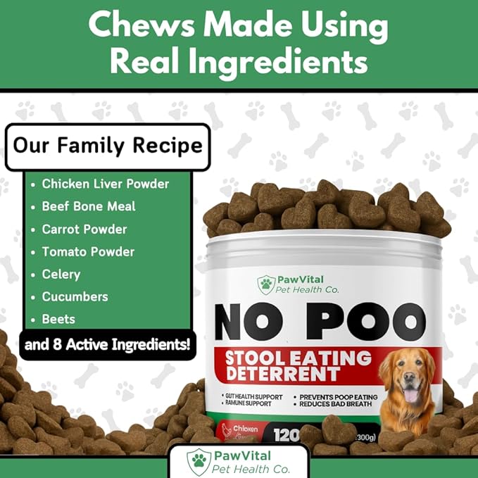 No Poo Chews for Dogs – Coprophagia Stool Eating Deterrent – Stop Eating Poop Supplement with Probiotics, Enzymes & Breath Aid – 100% Natural Soft Chews Made with Real Chicken – 120 Ct
