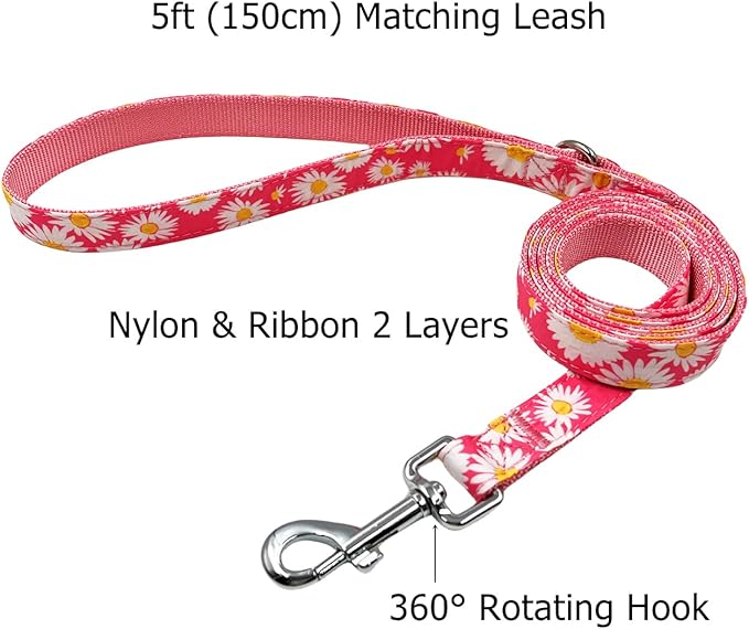 Dog Collar Leash Set, Floral Pattern, Nylon Webbing Plus Cotton Ribbon, 5ft Matching Leash, for Small Dogs.(S, Pink Daisy)
