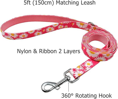 Dog Collar Leash Set, Floral Pattern, Nylon Webbing Plus Cotton Ribbon, 5ft Matching Leash, for Small Dogs.(S, Pink Daisy)